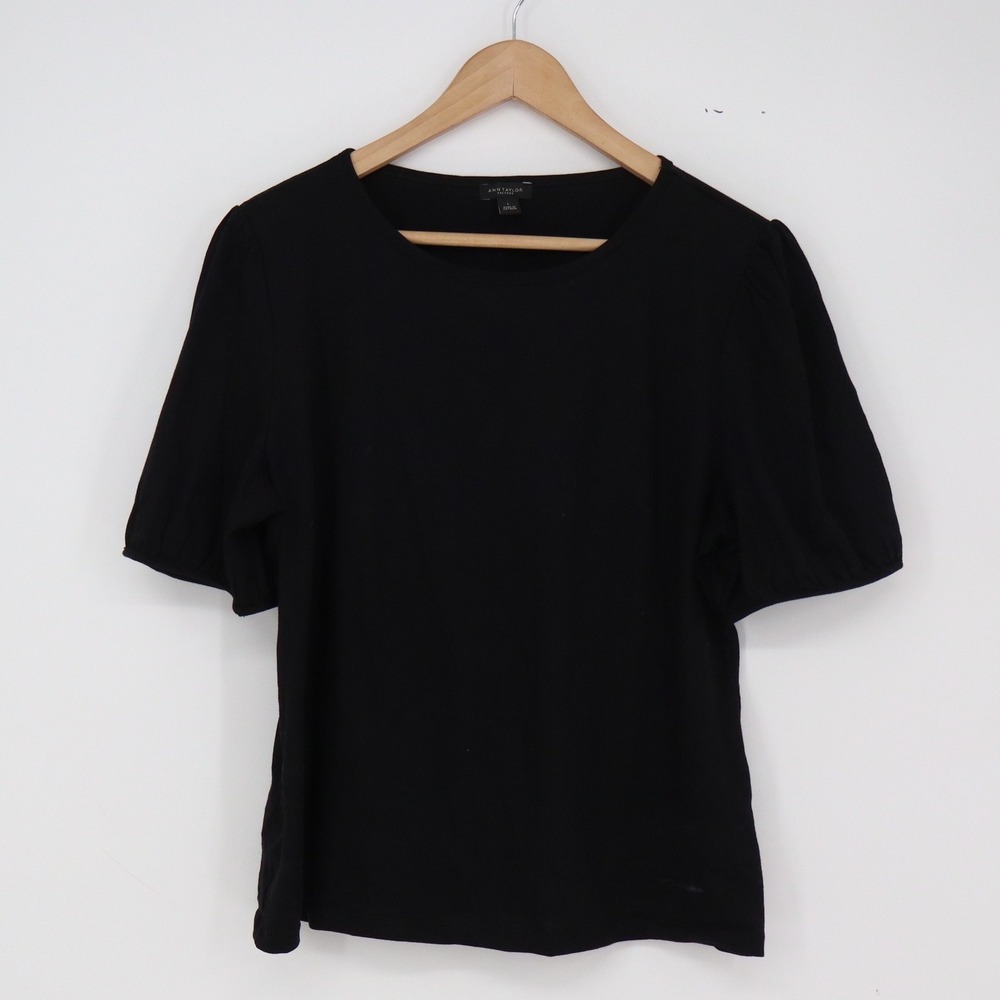 Ann Taylor Top Womens L Factory Black Puff Sleeve Cotton Solid Excellent